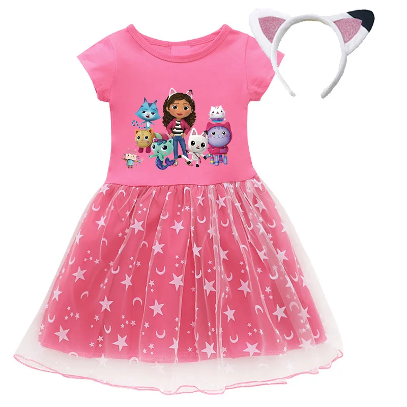 2024 New Summer Cartoon Gabby Cats Dresses Baby Girls Princess Dress Bag Headband Kids Gabby's Dollhouse Cosplay Costume 5