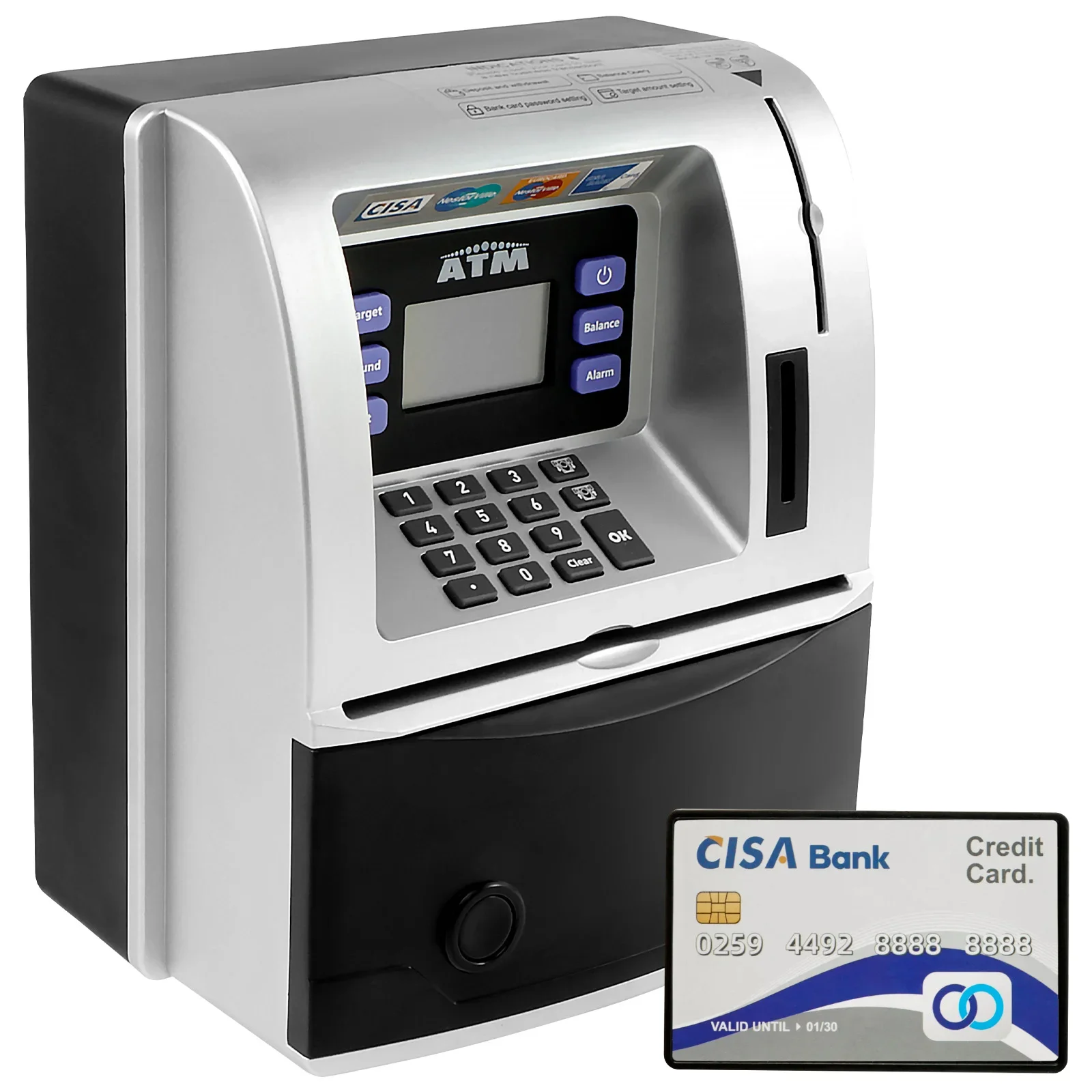 Geldautomaat, bank, automatische minikluis, spaarpot voor munten en contant geld, digitale elektronische spaarpot met spraakfunctie, kindercadeaus_voghion.com