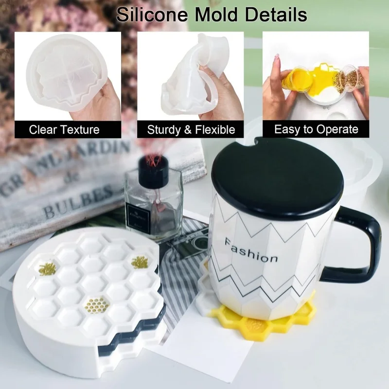 Honeycomb Coaster Resin Molds Set with Storage Box for DIY Crafts and Home Decor