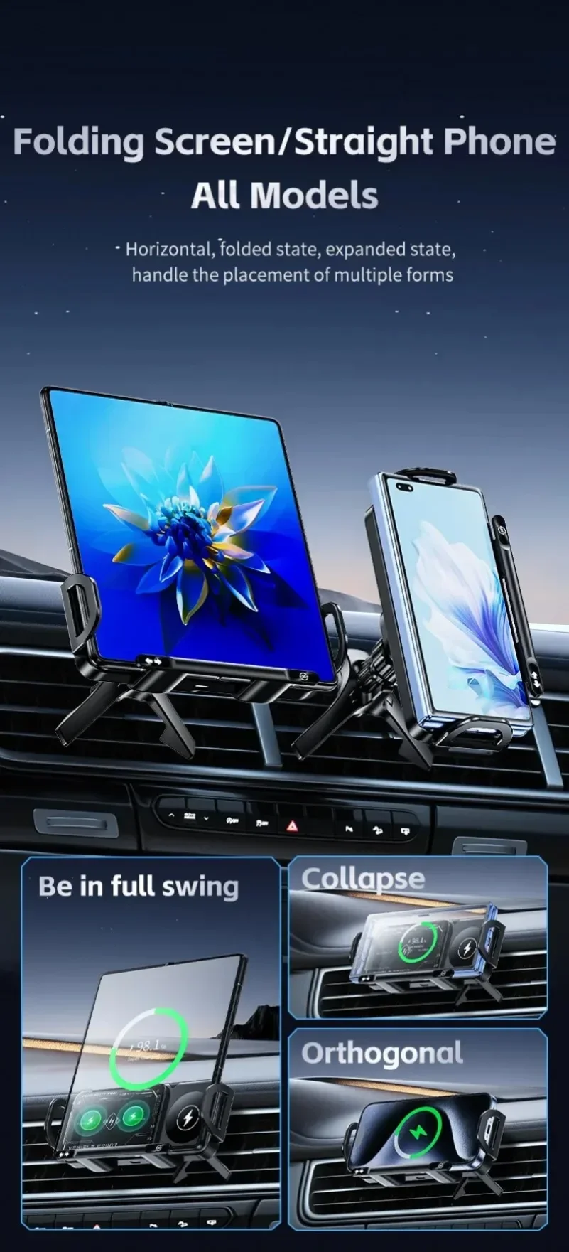 cargador inalambrico para carro con doble bobina con pantalla plegable, soporte de teléfono de carga rápida para Samsung Galaxy Z Fold 6 5 4 S24 Flip » cargador inalambrico para carro con doble bobina con pantalla plegable