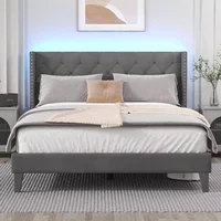 King Size Bed Frame with LED Lights, Wingback Diamond Tufted Headboard, Wood Slats Support, Upholstered Bed Frame 1