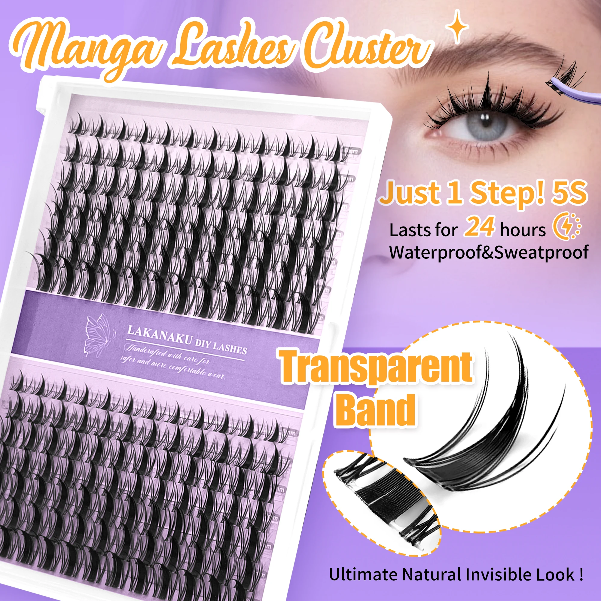 LAKANAKU Transparente Band-Wimpern DIY Manga Cluster Wimpern Segmentierte Einzelne Feenwimpern Natürliche 168 Fächerwimpern