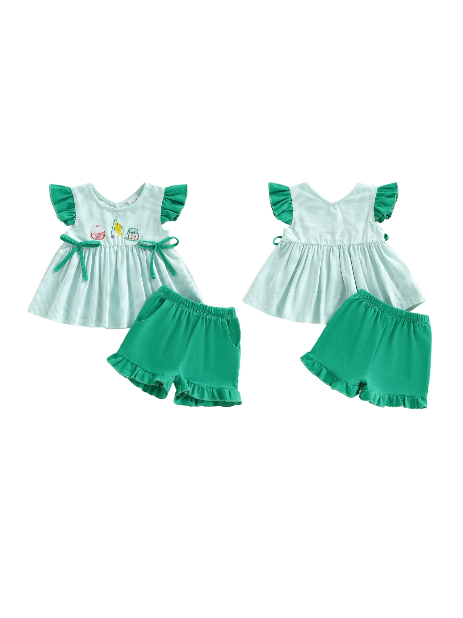 2Pcs Baby Girls Summer Clothes Short Sleeve Heart Striped Print Tops and Elastic Waist Shorts Set with Bow Detail