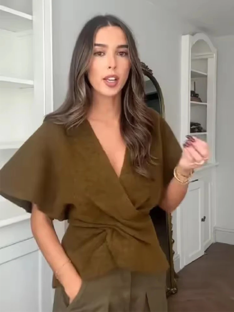 Women's Sweater Top Soft Ruched Cross-Front Chic Simple Lady Knitwear Stylish Trend Vintage Autumn Pullover Outfits