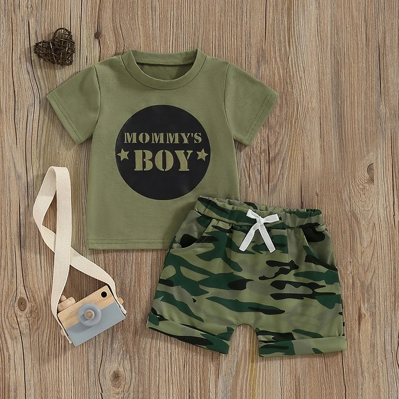 

2023-12-26 Lioraitiin 3M-5Y Toddler Baby Boy Summer Clothes Mommy Daddy Baby Boy T-shirt Camouflage Short Infant Boy Outfits Set