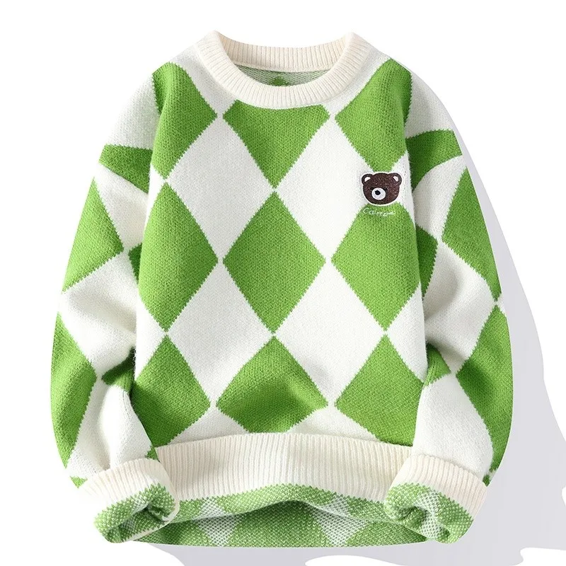 

Autumn New Mens Vintage Rhombus Sweater Round Neck Casual Fit Knitted Sweaters Fashion Pullover Male Streetwear Clothing