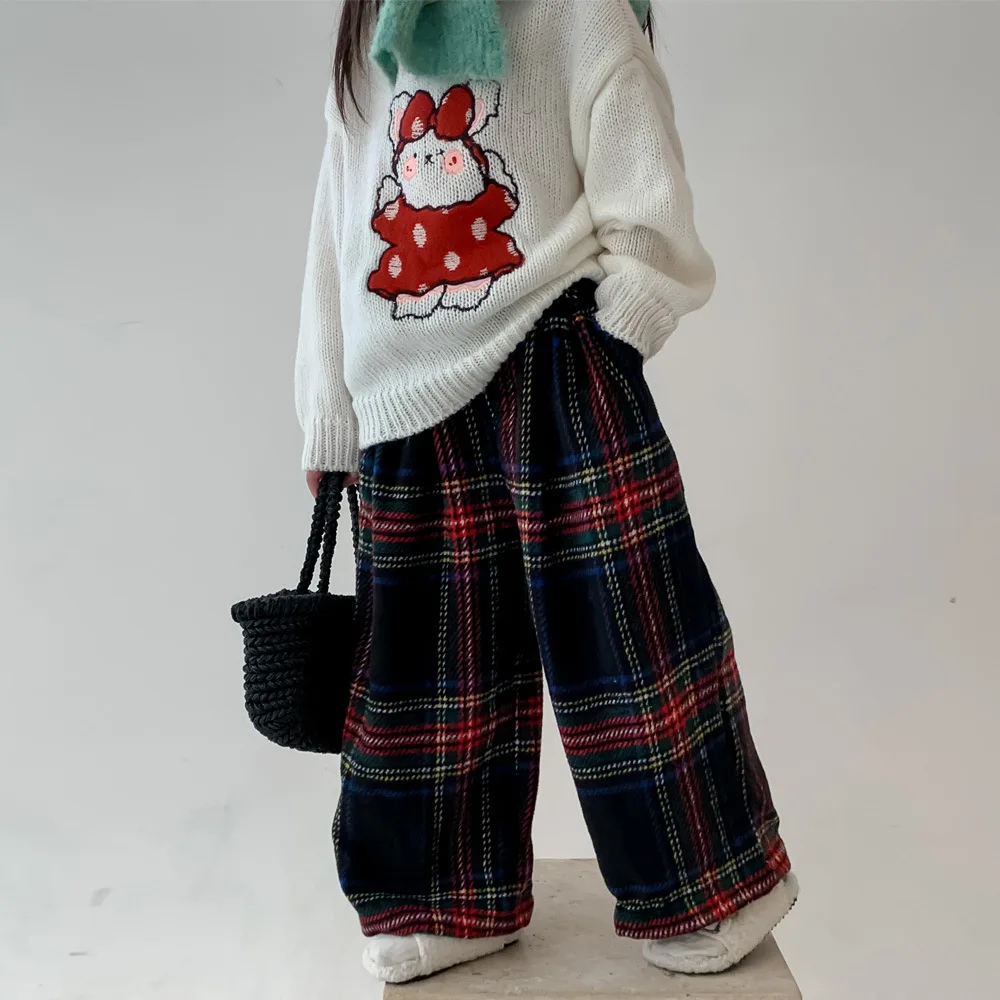 

Girls high -waisted checkered pants children's clothing 2023 new children's thick wide -leg pants drooping trousers