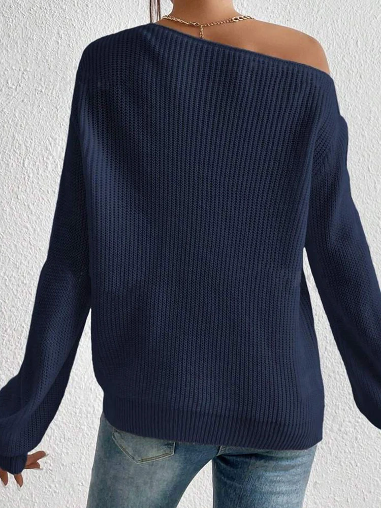 Weg von der Schulter Strickpullover Frauen Neue 2024 Casual Kleidung Langarm Boot-ausschnitt Herbst Winter Grundlegende Lose Oversize Pullover – Detail 3