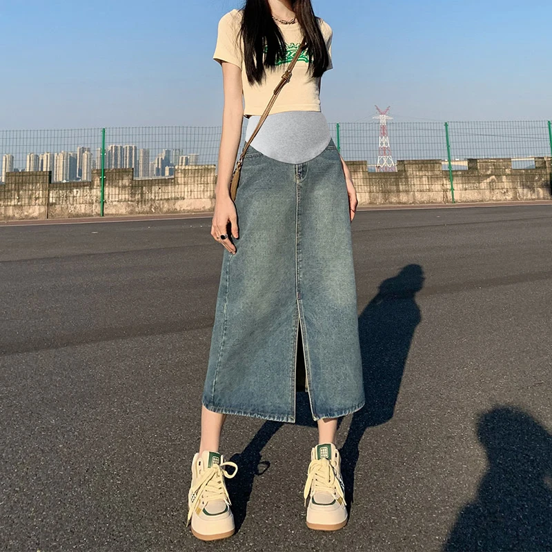 

Korean Style Vintage Pregnant Woman Denim Skirt Front Split High Waist Maternity Belly Skirt Pregnancy Cotton Clothes Wholesale
