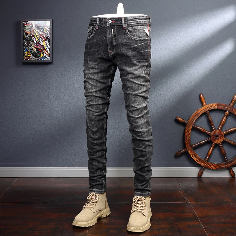 

Newly Designer Fashion Men Jeans Retro Black Gray Elastic Slim Fit Ripped Jeans Men Trousers Vintage Casual Denim Pants Hombre