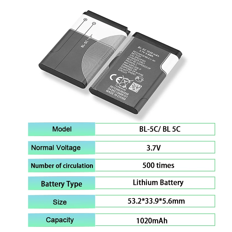 DC 3.7V 1200mAh Battery BL-5C Rechargeable Batteries For Nokia 2112 2118 2255 2270 2280 2300 2600 2610 3125 3230 300mAh 1020mAh - 2
