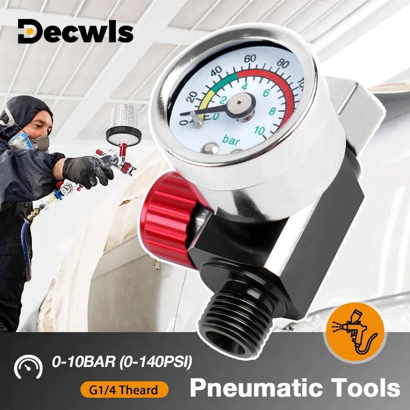 ชุดควบคุมแรงดันอากาศ 1/4"-NPT, วาล์วควบคุมแรงดันอากาศพร้อมมาตรวัดสำหรับปืนฉีดพ่นและอุปกรณ์เครื่องมือลม 0-140PSI 1