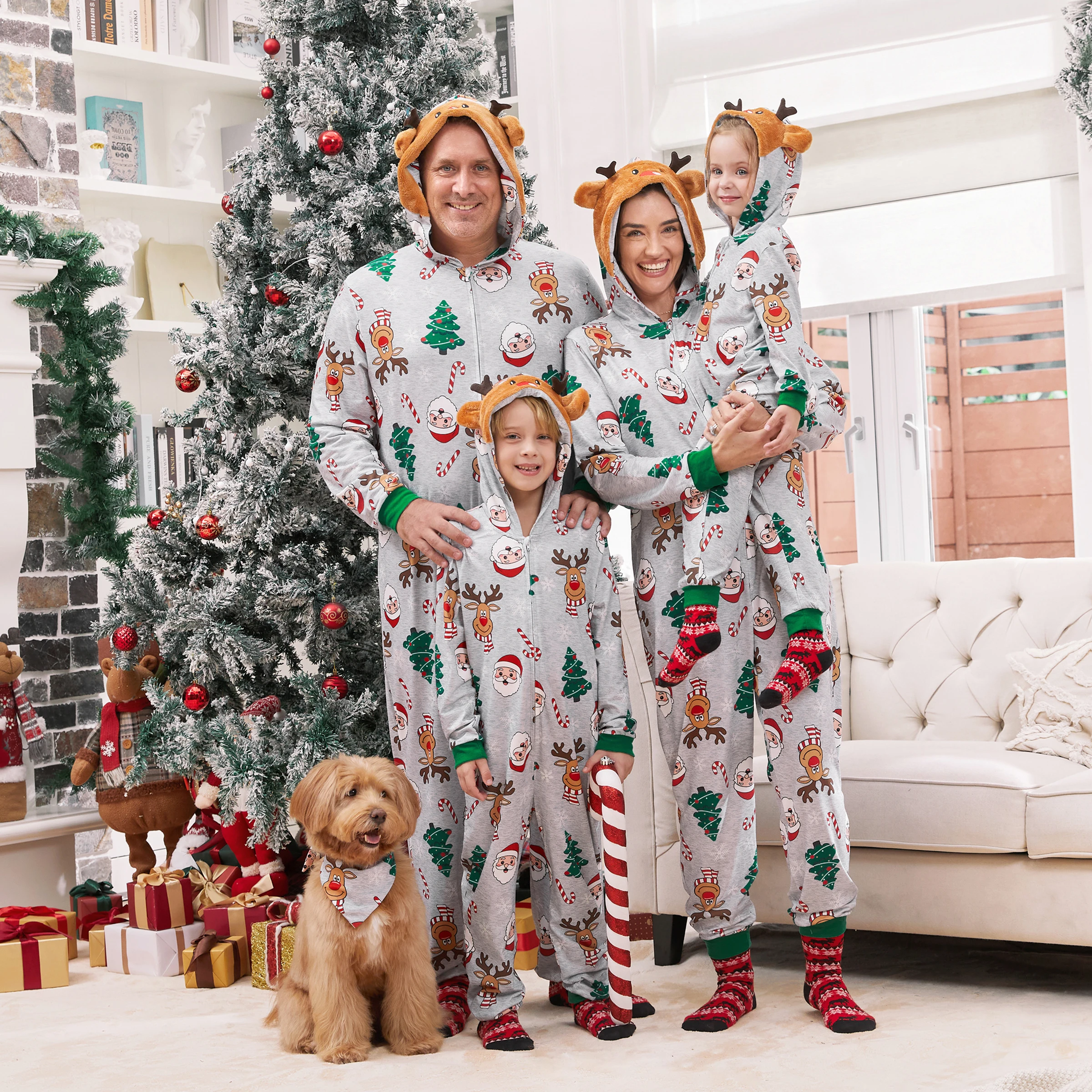 thumbnail image 2 of Pijamas navideños grises de PatPat con estampado de renos en 3D y cremallera, conjuntos familiares a juego, 2 of 5