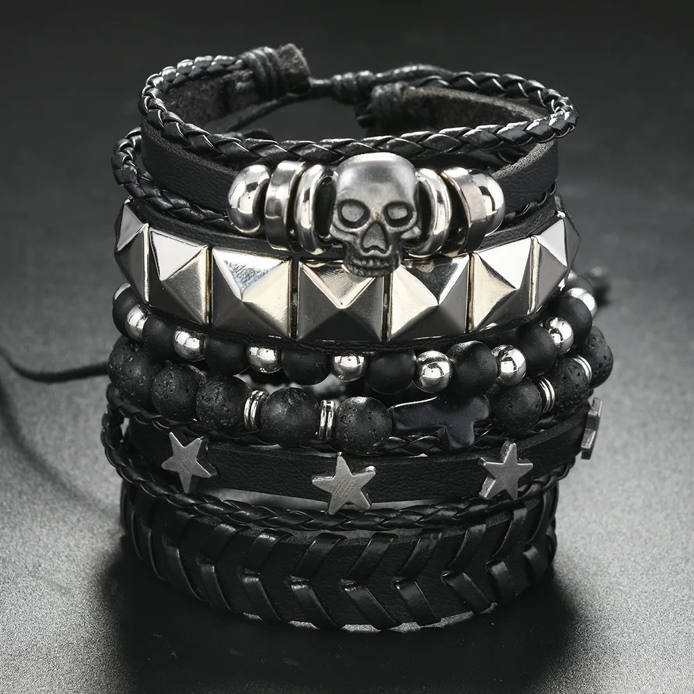 Vintage Gothic Style Leather Bracelets For Men Fashion Punk Cosplay Cross Star Braided Rope Chain Leather Bracelets Gifts