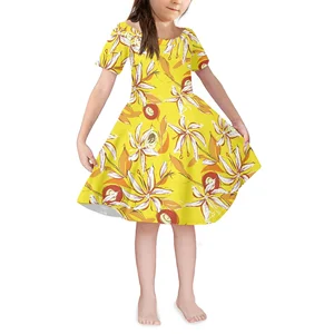 Children's Dress Comfortable Breathable Fabric Round Neck Short Sleeve Girls Fashion Lovely Dress Hawaiian Style Hibiscus Dress