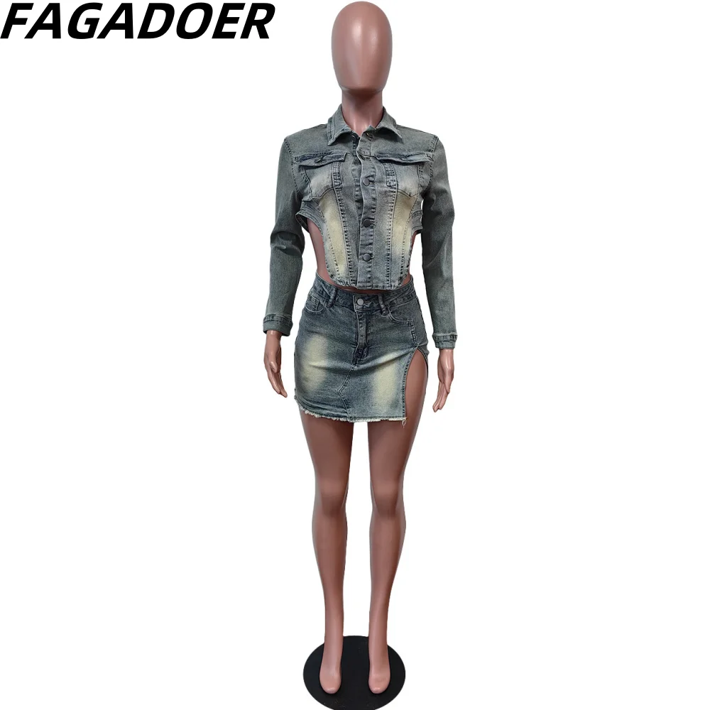FAGADOER Fashion Vintage Denim Skirts Two Piece Sets Women Turndown Collar Long Sleeve Crop Top And Mini Skirts Cowboy Outfits
