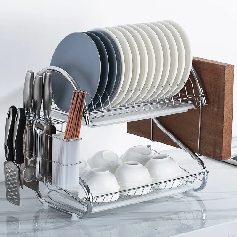 

Multifunctional Double-layer Dish Shelving Stainless Steel Kitchen Cutting Board Knife Chopsticks Drain Rack Cup Hanging Rack