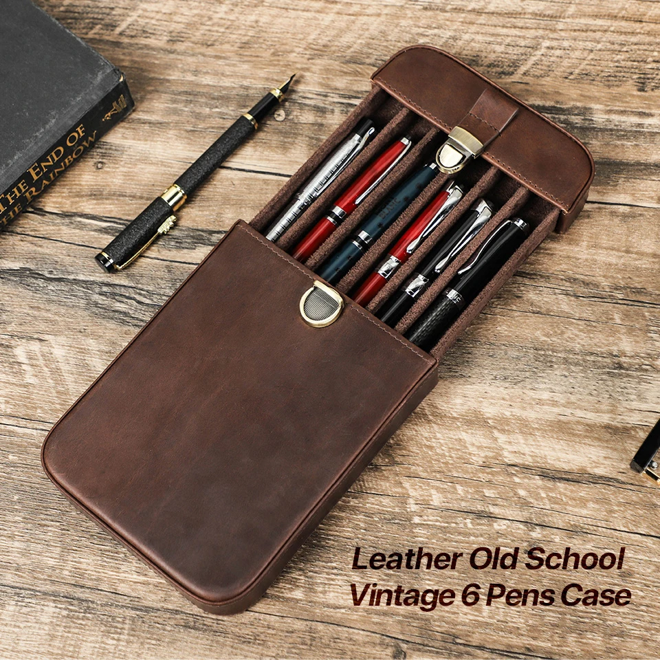 Vintage Handmade Genuine Leather 6-Pen Case with Lock & Detachable Drawer, Travel Office Storage Box, 20.6x13x3cm
