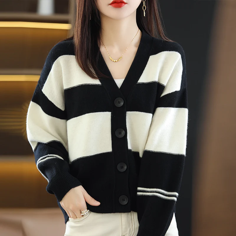 Autumn/Winter Women's Cardigan Loose Sweater 100% Pure Wool Sweater Knitted Jacket Female Long Sleeve Casual Oversize Shirt cute sweaters Sweaters