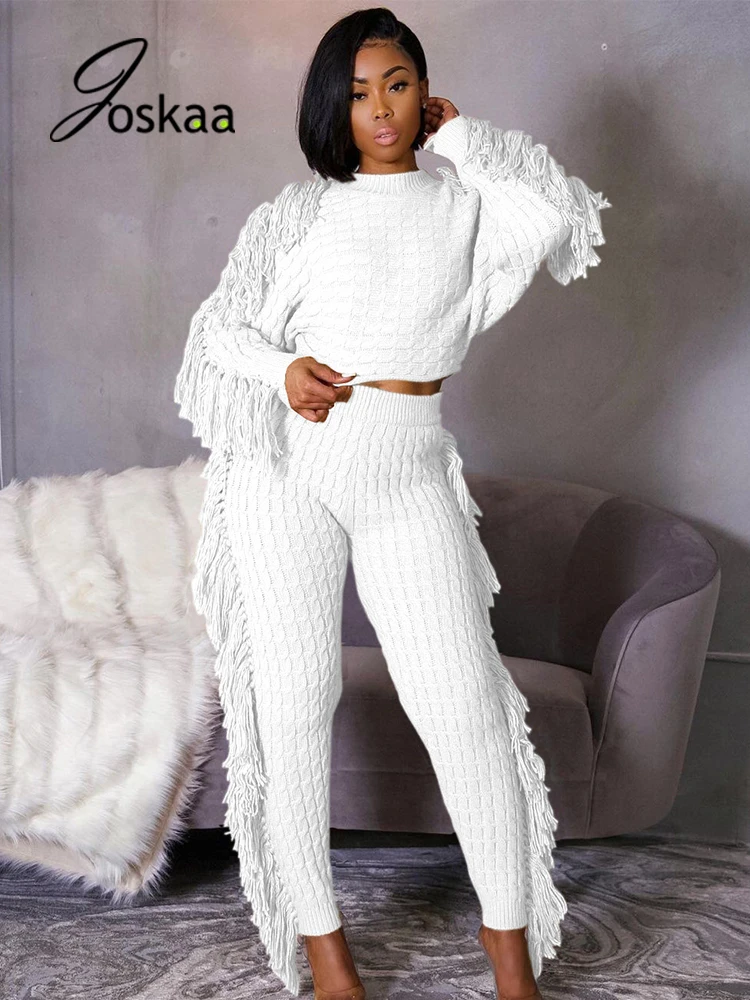Joskaa Tassel Knitted Sweater 2 Piece Set Long Sleeve Crop Top and