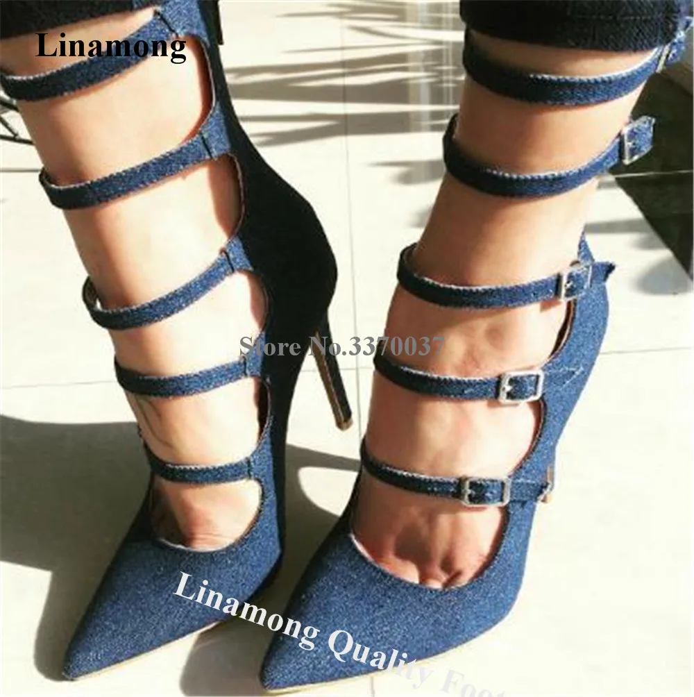 

Linamong Newest Spring Pumps Sexy Pointed Toe Blue Denim Nude Patent Leather Straps Cross Stiletto Heel Dress Shoes Party Heels