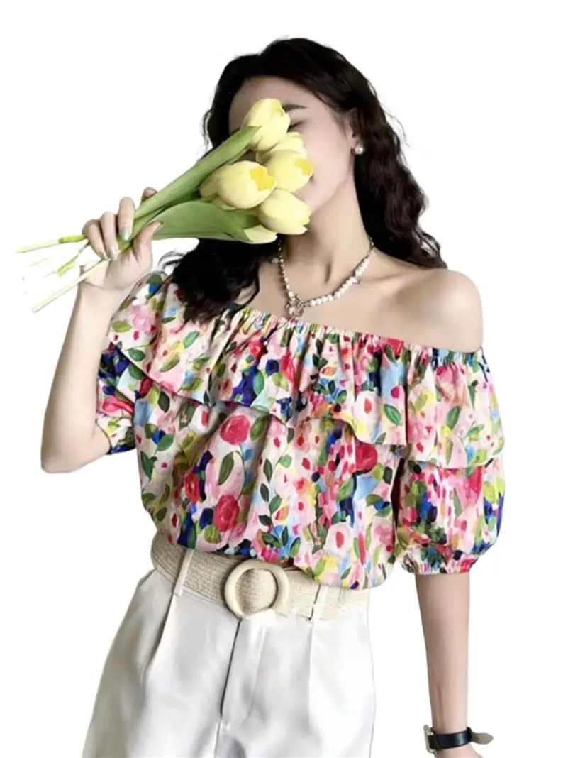 

Summer Cotton Clothing Floral Printed Female Tops New All-match Slash Neck Lotus Collar Vacation Style Sweet Pullouers Blouses