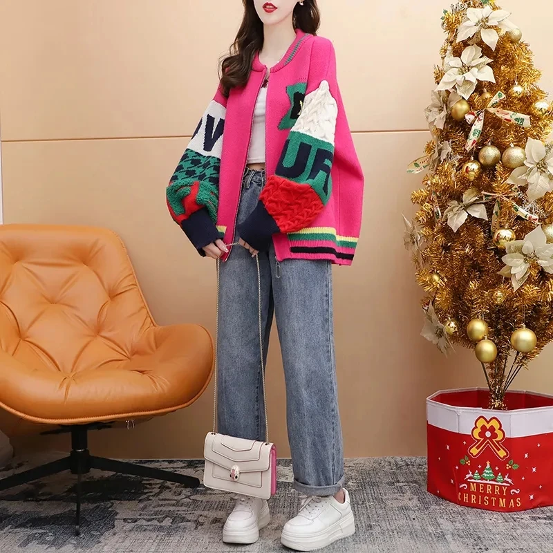 2023 Spring And Autumn New Loose Design Feeling Sweater Chic Color matching Cardigan Women's Thickened Knit Coat Wool Jacket 4XL