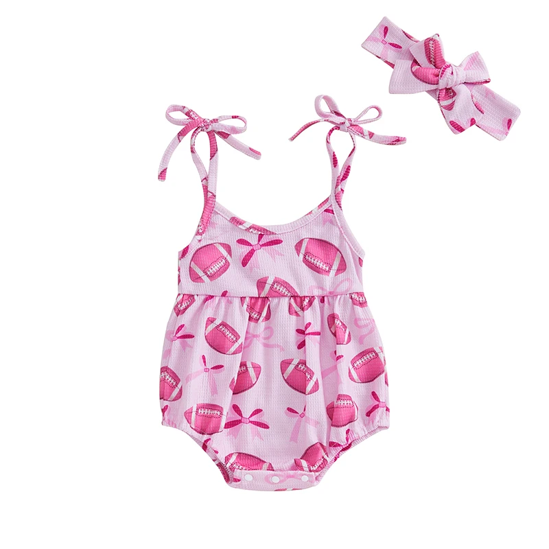 Citgeett Summer Infant Baby Girl Football Outfit Bow Rugby Print Shoulder Bodysuit Bow Headband Clothes Set 2