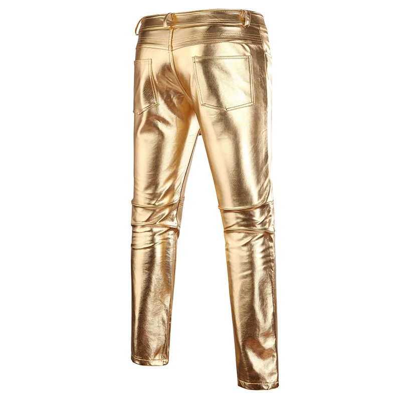 Leather Pants Motorcycle PU Leather Pants Mens Skinny Shiny Gold Silver Black Trousers For Nightclub Stage Singers Dancers