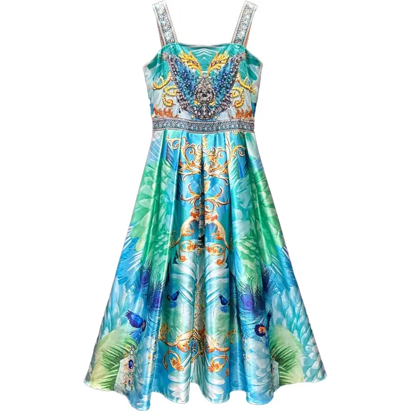 

Evagina Spring Summe Square Collar sling dress Sequins Diamonds Vintage Print Waist Up Holiday Long Dresses