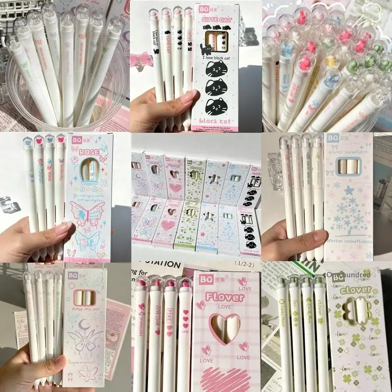 4pcs 럭키 펜 창의력 회전 펜 개폐식 꽃 젤 펜 0.5mm 파인 팁 빠른 건조 검정 잉크 사무실 학교 문구