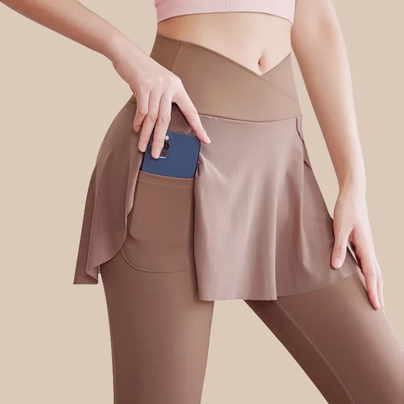 Women's Two-Piece Illusion leggings Autumn/Winter High-Waisted Push-Up Sports Running Tight Dance Skirt Anti-Exposure Quick-Dry
