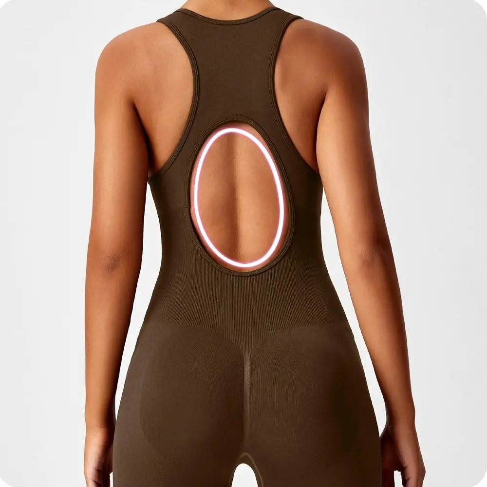 Body da yoga intero senza cuciture con bottino color pesca - Completo da palestra per il controllo della pancia con scollo a V per donna - Tuta da allenamento sexy aderente fitness - immagine 2