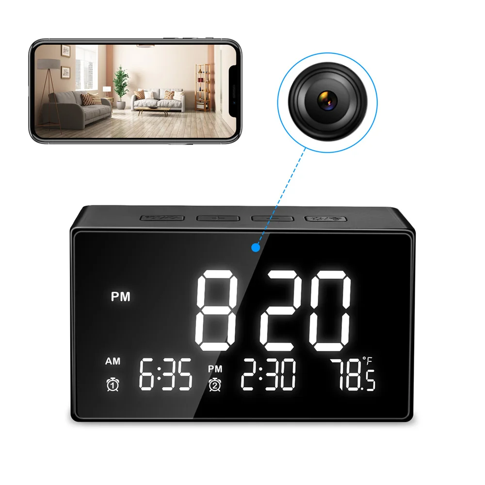 Digital alarm clock with large LED display showing time and temperature, featuring a dual-function hidden SpyCam Clock indicated by a blue arrow.