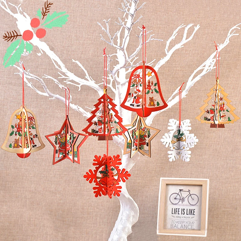 

1pcs Wooden Christmas Decorations Pendant Hollow 3d Snowflake Bell Five-pointed Pendant Christmas Hometree Pendant Ornament