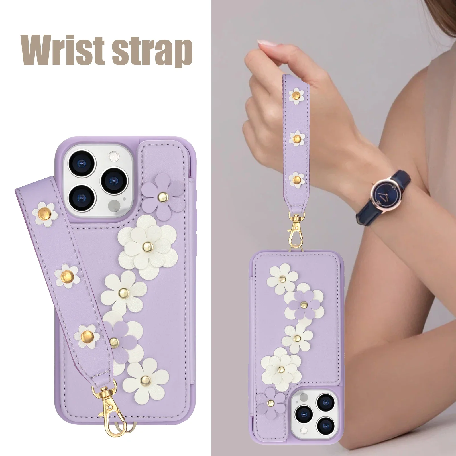 Skulderveske med håndleddsstropp og blomstermotiv til iPhone 16 15 14 13 12 11 Plus Pro Max XS XR X 7 8 Lommebok med kortholderdeksel_voghion.com