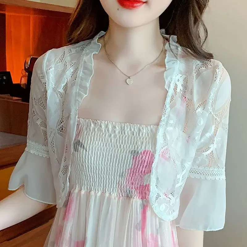 다용도 플레어 슬리브 레이스 숄 여름 얇은 가디건 재킷 여성용 아우터웨어 숄더 베스트 자외선 차단 의류