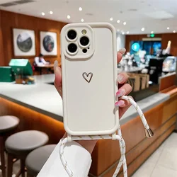 Elegant Love Heart Silicone Phone Case with Crossbody Necklace Strap - iPhone 14 Pro Max (White)