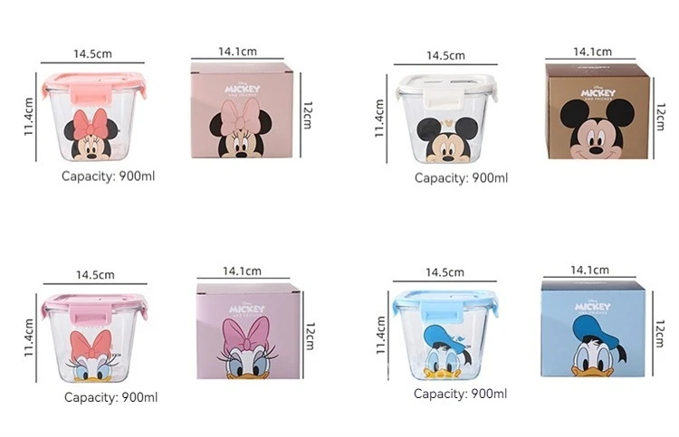 Disney Mickey Minnie Daisy Glass Crisper With Lid Lunch Box Microwave Heating Sealed Box Food-Grade Cute Fruit Lunch Box 900Ml