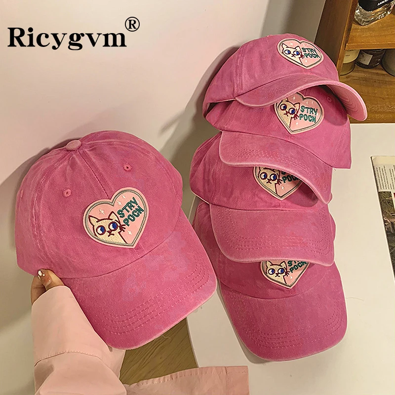 Valentine's Day Pink Love Women Baseball Cap Cute Kitten Adjustable Snapback Hat Soft Top Cotton Leisure Sunbonnet Girls Sunhat baseball cap sun hat