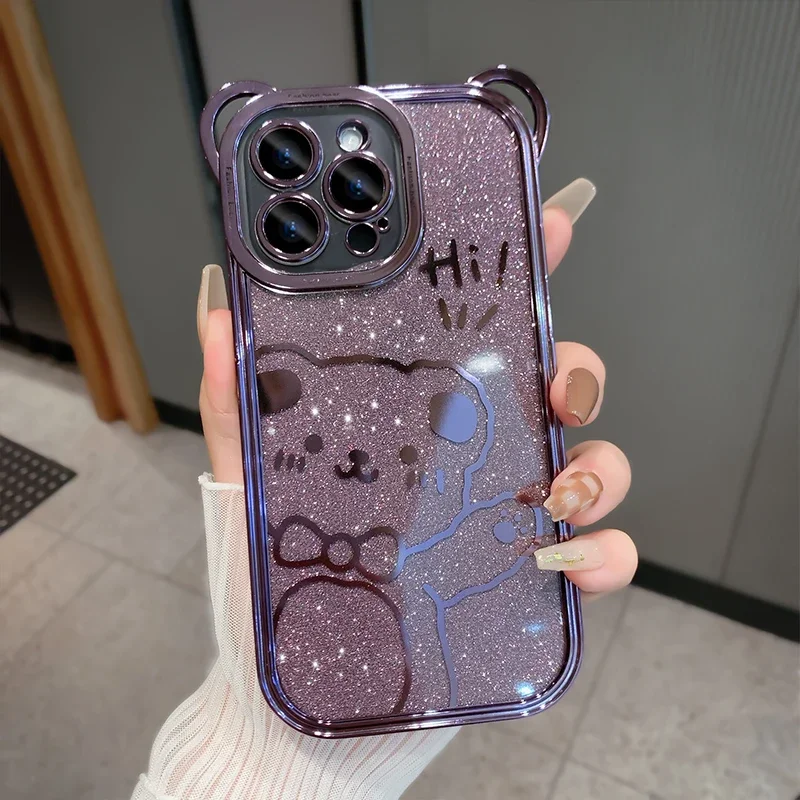 Funny Korean Style Cute Cartoon Plating Purple Bear Phone Case For