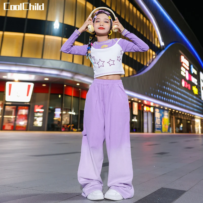Girls Lovely Streetwear Children Hip Hop Crop Top Gradient Loose Pants Teen Clothes Sets Kids Street Dance Sweet Jazz Costumes