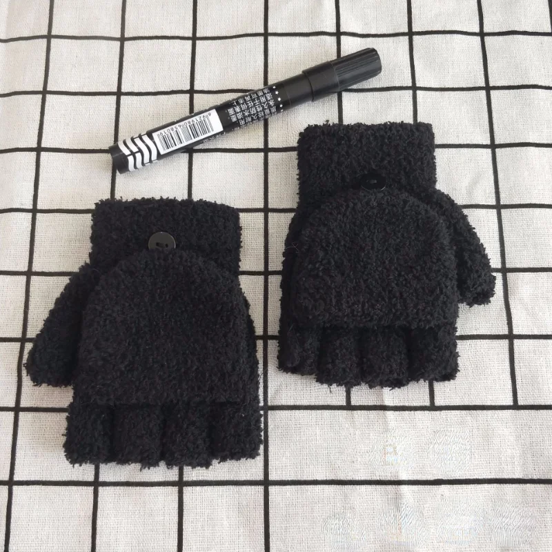 Winter Children Thickened Warm Knitted Half-finger Clamshell Gloves Cute Boys and Girls Student Simple Plush Gloves 3-10 Years
