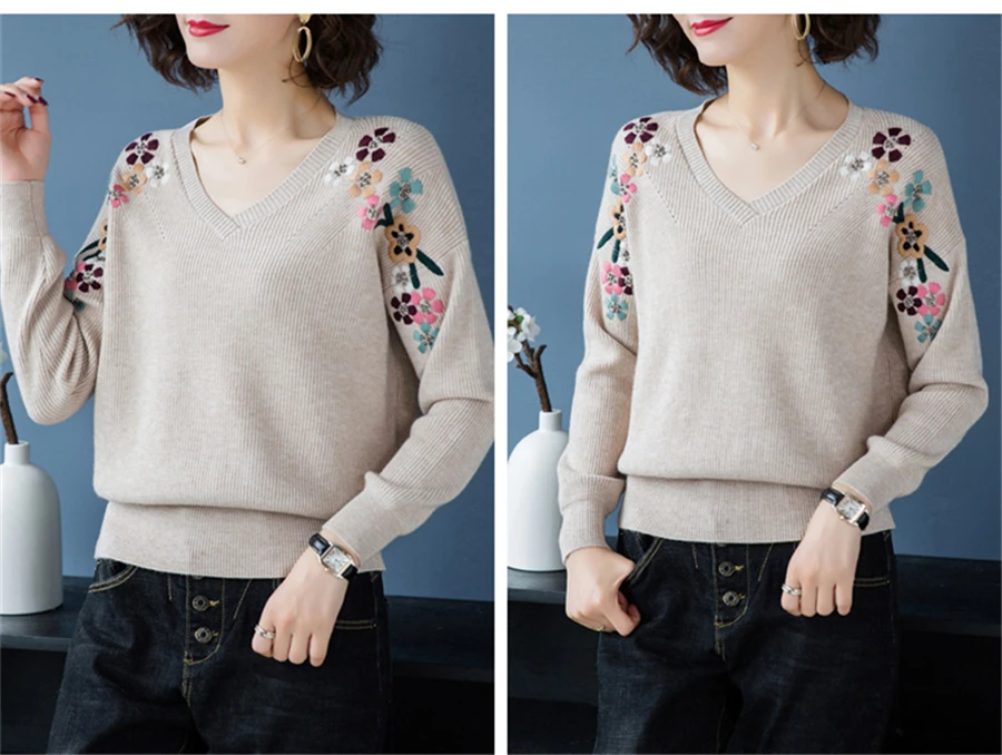 Slim V-Neck Flower Embroidery knitted Pullovers For Women Fashion spring Elastic Sweaters Large Size Casual Knitwear Tops Femme
