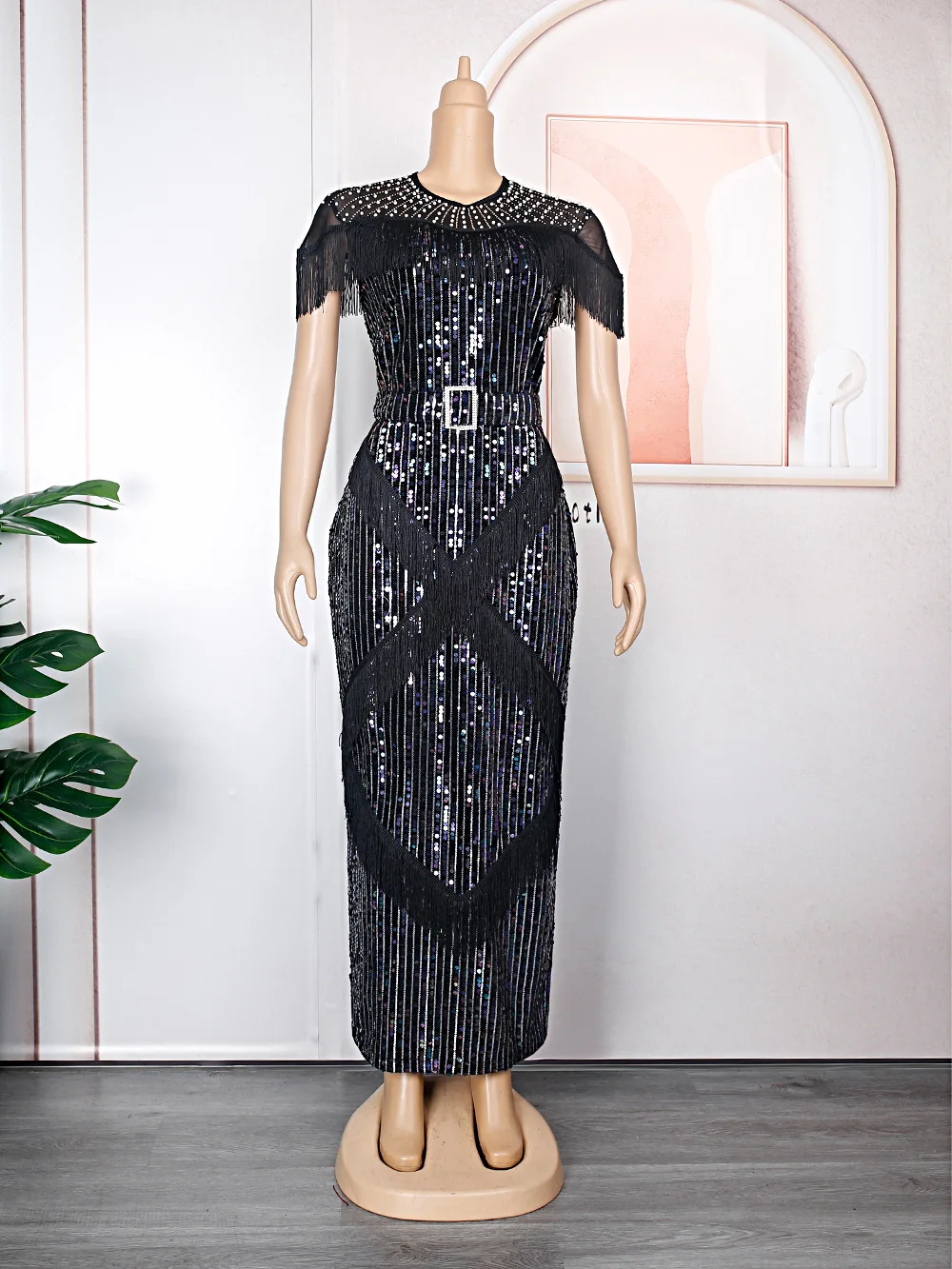 Plus Size Sequin Evening Dress Women Fringed Luxury Prom Elegant Chubby Cloth With Belt Female Long Robe 2023 Summer Party Dress