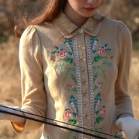 86-94cm Bust Spring Fall Short Jackets Coats Women Vintage Elegant Slim Embroidery Rose Single Breasted Long Sleeve Knitted Coat 2