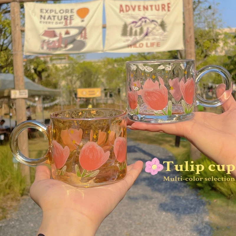 Tulip Pattern Glass Coffee Mug With Spoon, High Borosilicate Glass