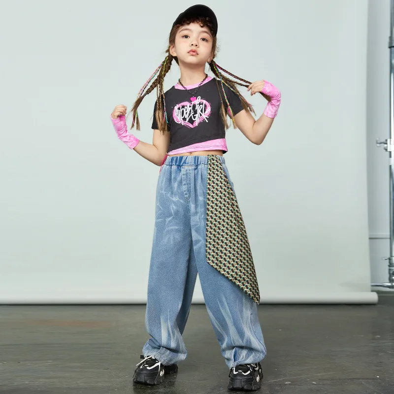 

Kids Hip Hop Costume for Girls Kpop Jazz Dance Clothes Crop Tops Denim Pants Teenager Modern Dance Performance Wear 8 10 12 14 Y