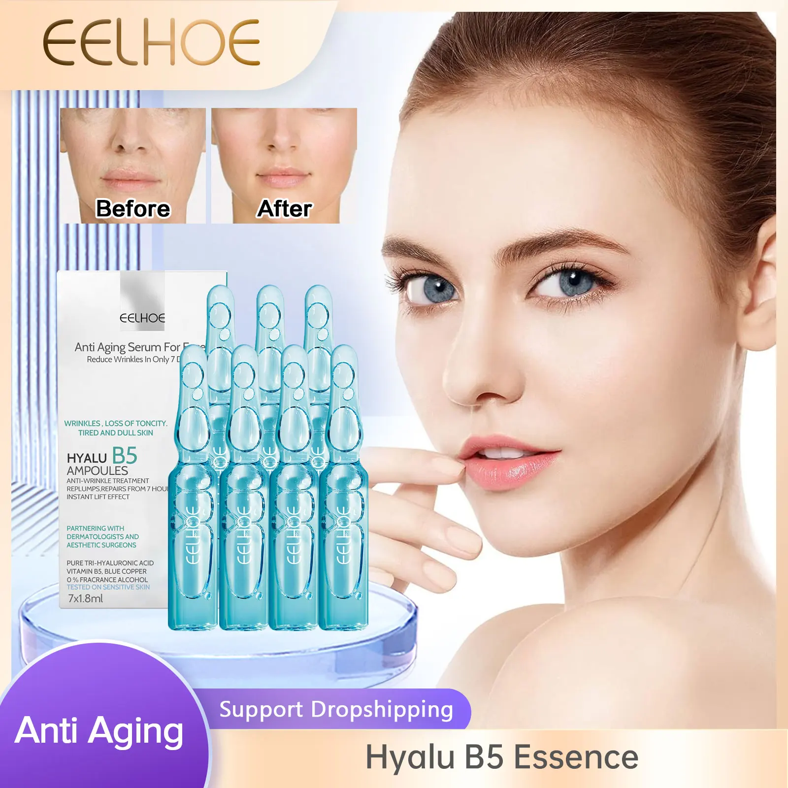 Anti Aging Serum for Face Hyaluronic B5 Eliminate Fine Lines Smoother Texture Improve Dry Rough Brightening Hydrating Skin Care