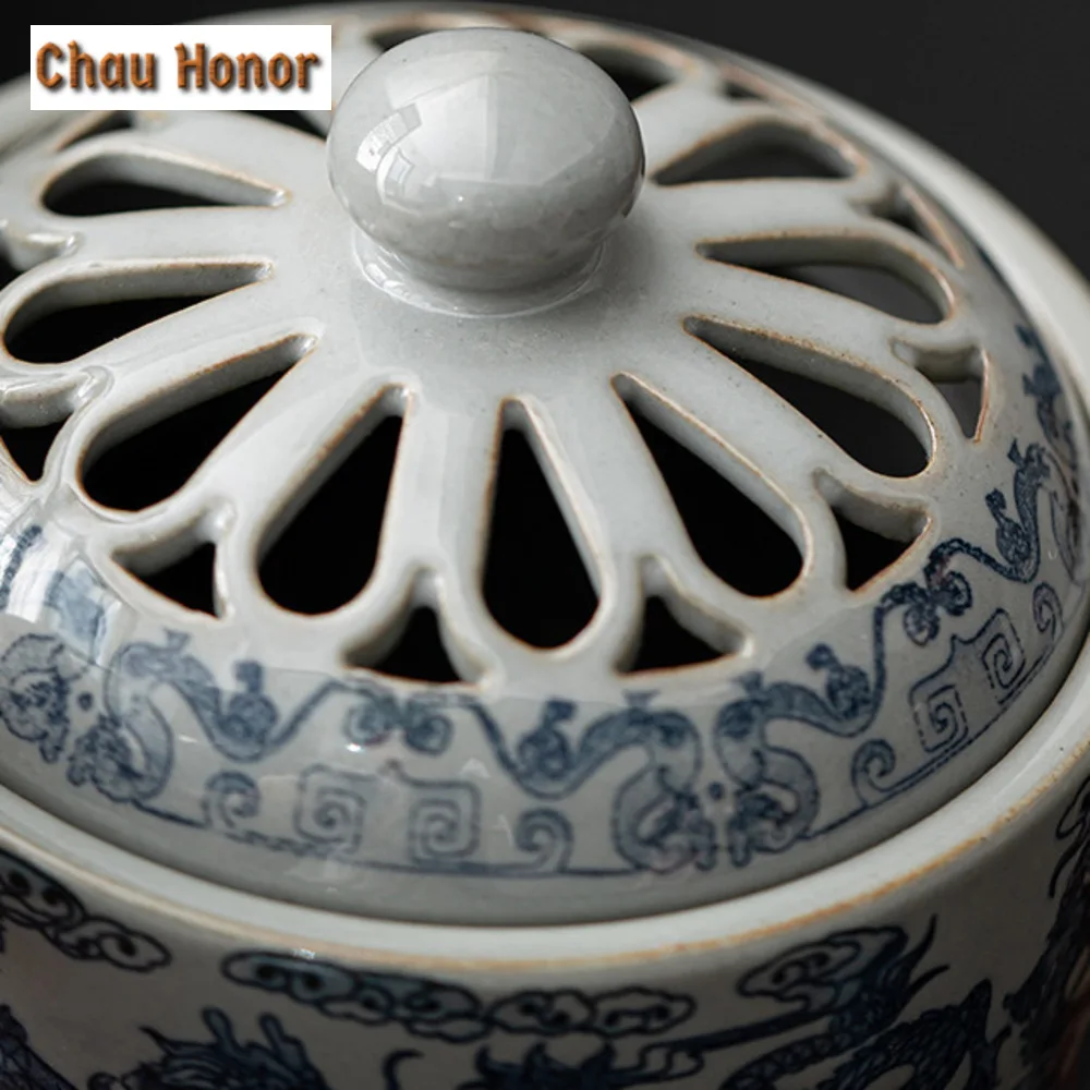 Antique Pottery Clay Path Incense Burner Blue and White Plate Aromatherapy Furnace Zen Dargon Censer Holder Handicraft Ornaments